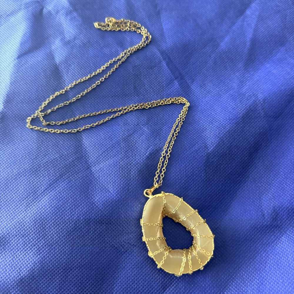 Natural Geode Druzy Slice Pendant Necklace Gold Tone Chain Wrap Boho Statement
